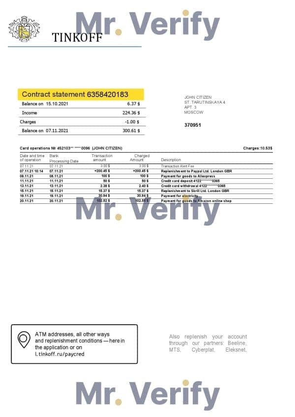Russia Tinkoff bank proof of address statement (English version) template in Word and PDF format