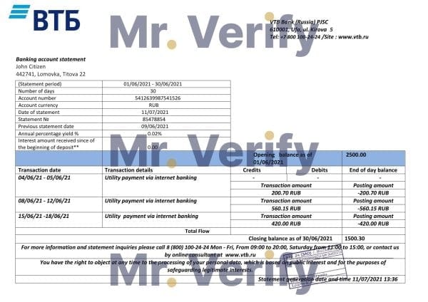 Russia VTB bank proof of address statement template in Word and PDF format