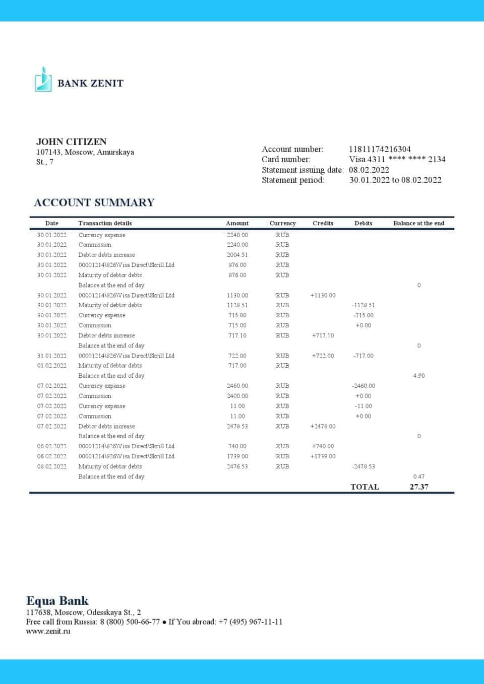 Russia Zenit Bank bank proof of address statement template in Word and PDF format