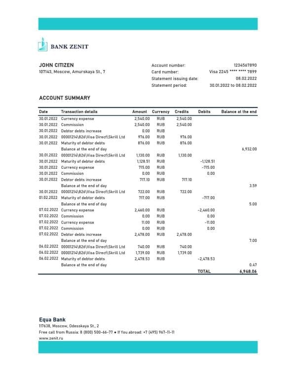Russia Zenit bank statement, Excel and PDF template
