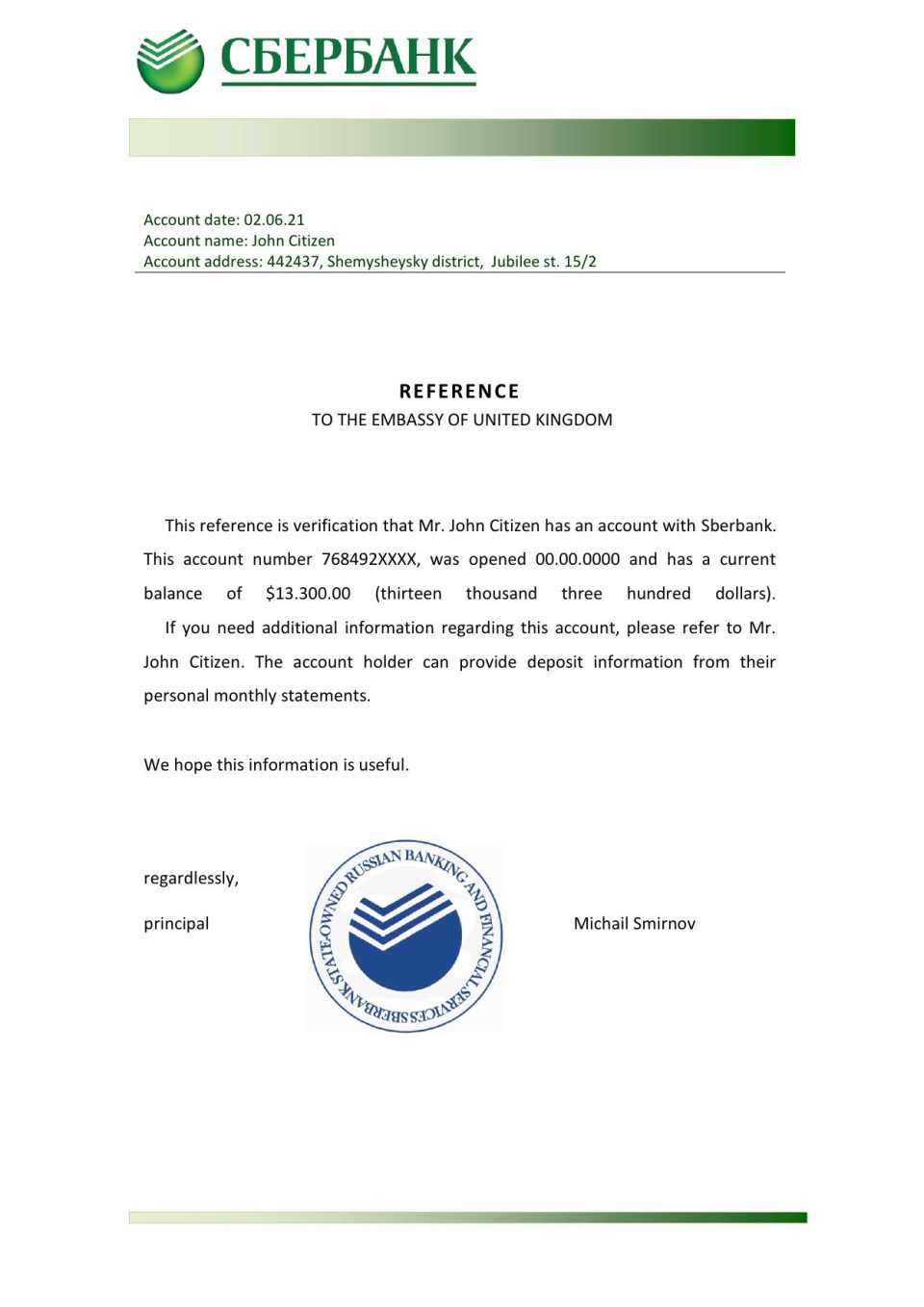 Download Russia Sberbank Bank Reference Letter Templates | Editable Word