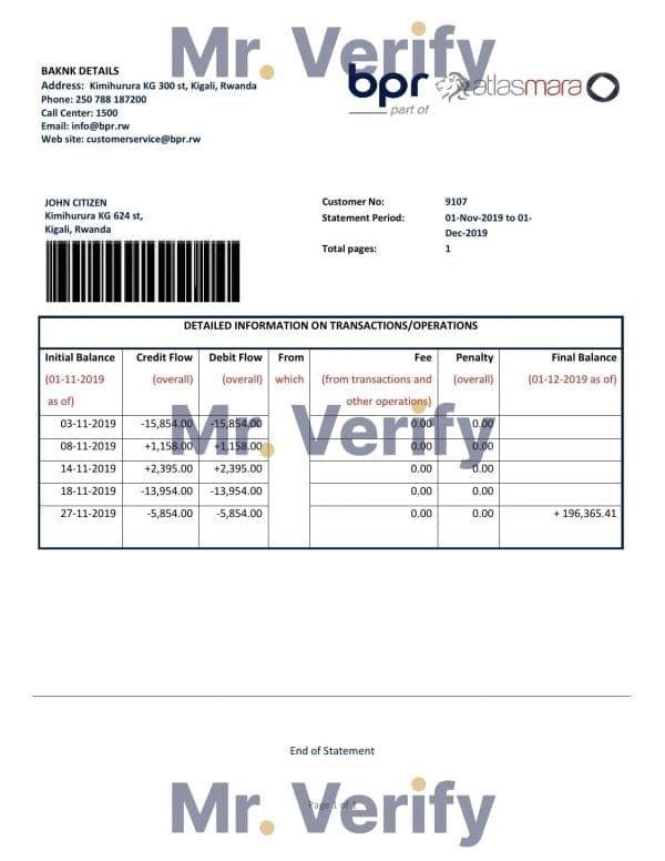 Rwanda BPR bank statement template in Word and PDF format