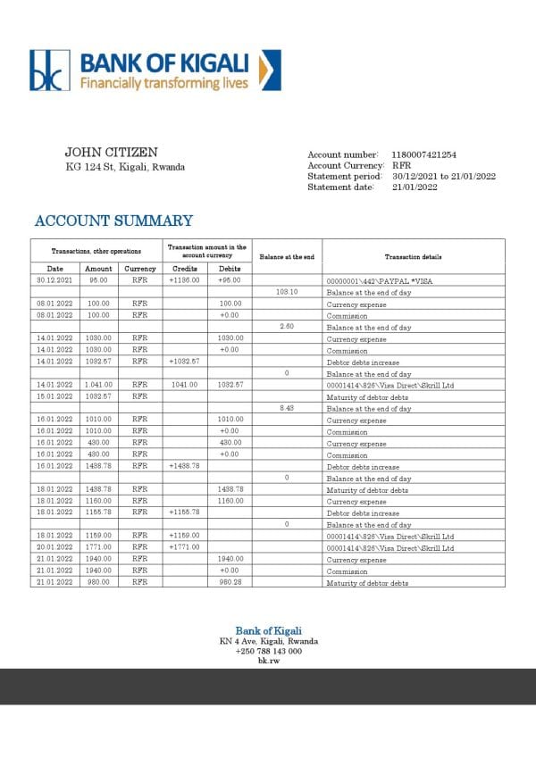 Rwanda Bank of Kigali bank proof of address statement template in Word and PDF format