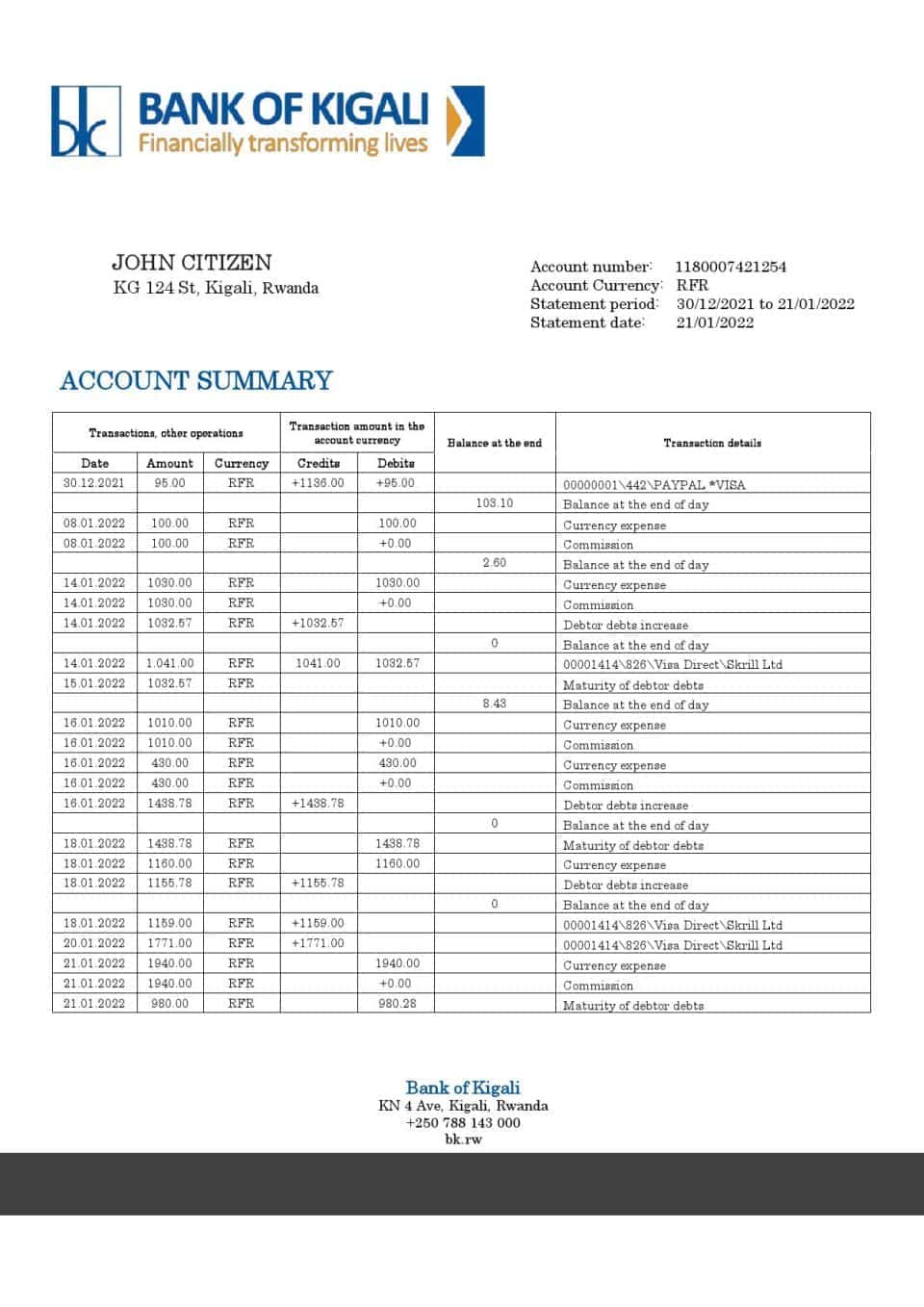 Rwanda Bank of Kigali bank proof of address statement template in Word and PDF format