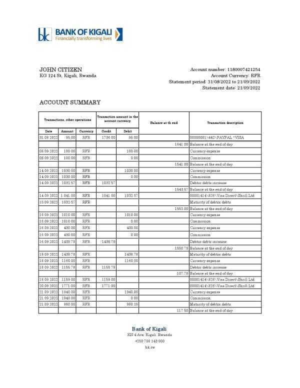 Rwanda Bank of Kigali bank statement, Excel and PDF template