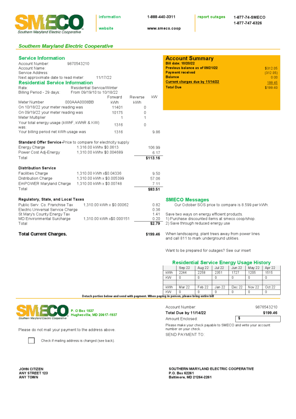 USA Maryland SMECO utility bill template in Word and PDF format