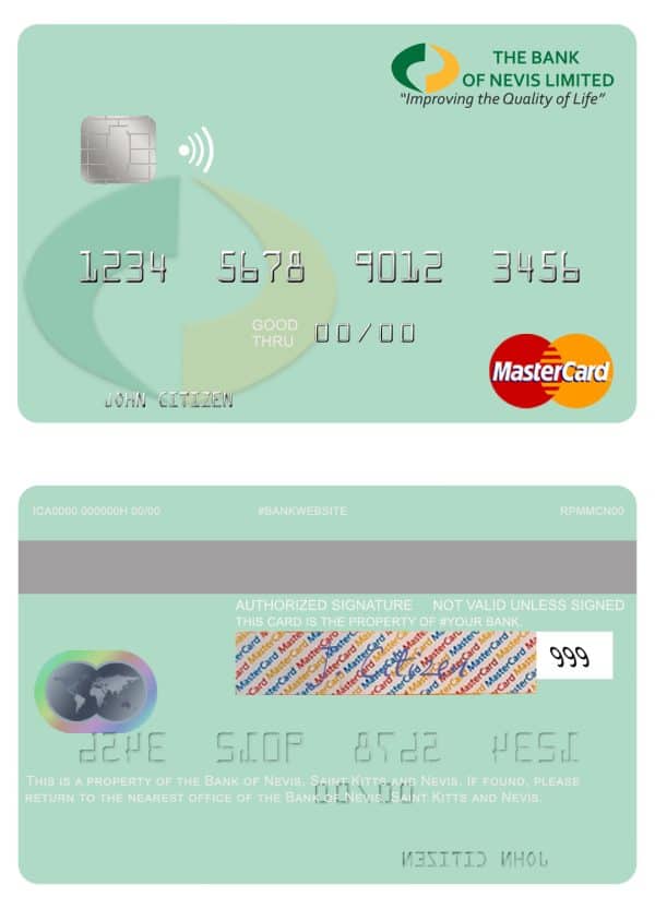 Editable Saint Kitts and Nevis Bank of Nevis mastercard credit card Templates in PSD Format