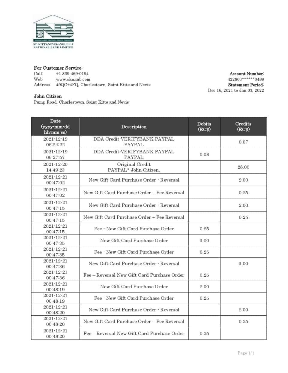 Saint Kitts and Nevis SKNA bank proof of address statement template in Word and PDF format