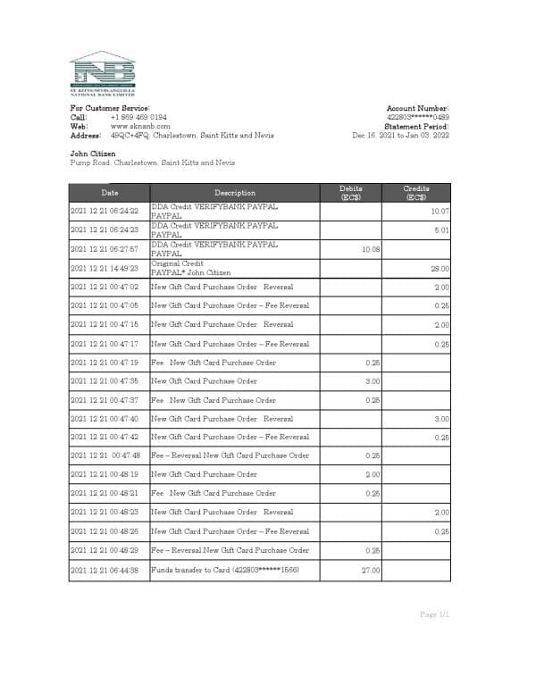 Saint Kitts and Nevis SKNA bank statement, Excel and PDF template
