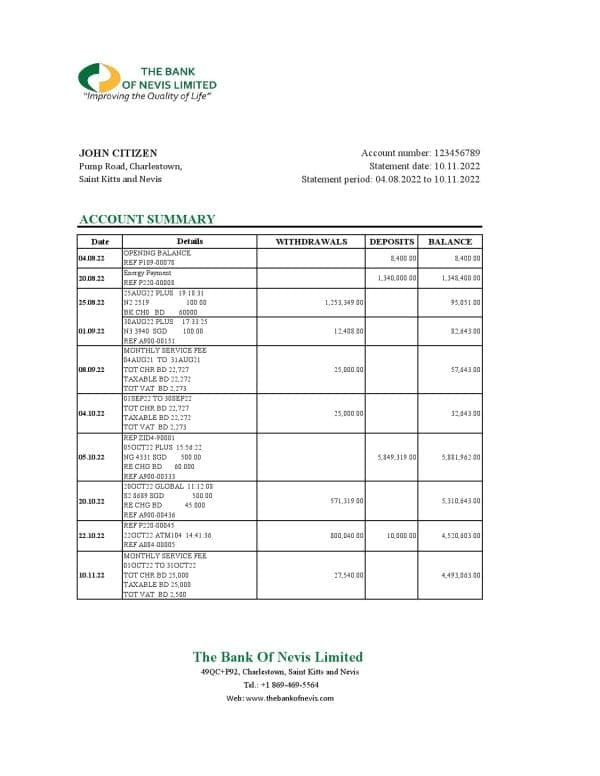 Saint Kitts and Nevis The Bank of Nevis bank statement, Excel and PDF template