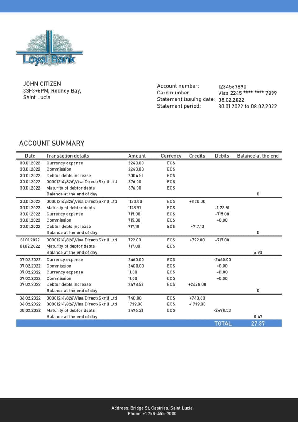 Saint Lucia Loyal Bank bank proof of address statement template in Word and PDF format