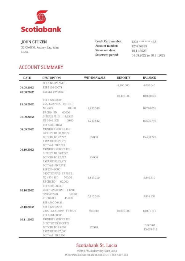 Saint Lucia Scotiabank bank proof of address statement template in Word and PDF format