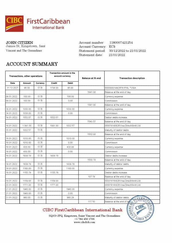 Saint Vincent and The Grenadines First Caribbean International Bank statement template in Excel and PDF format