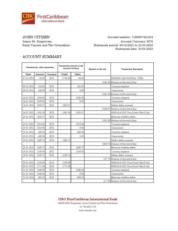 Saint Vincent and The Grenadines First Caribbean International bank statement, Excel and PDF template, version 2