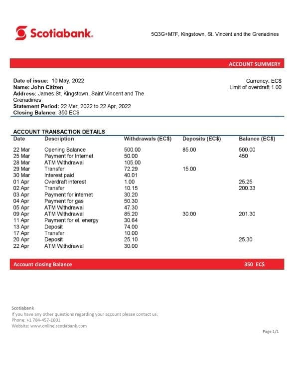 Saint Vincent and The Grenadines Scotiabank bank proof of address statement template in Word and PDF format