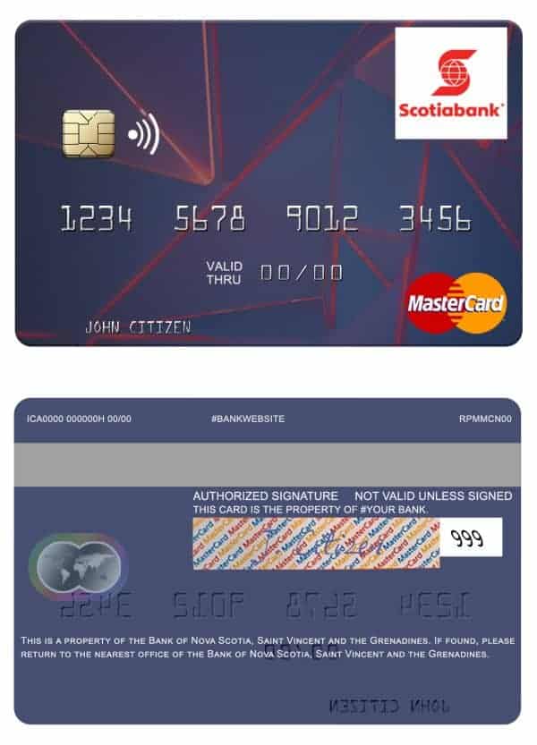 Editable Saint Vincent and the Grenadines Bank of Nova Scotia mastercard Templates in PSD Format