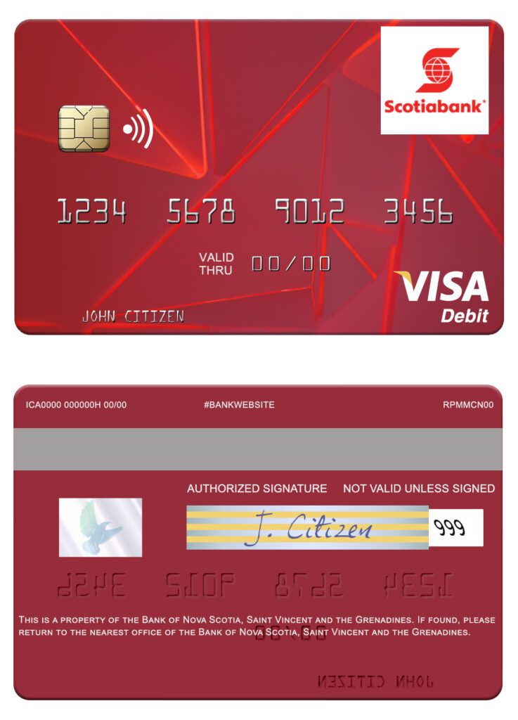 Fillable Saint Vincent and the Grenadines Bank of Nova Scotia visa debit card Templates | Layer-Based PSD