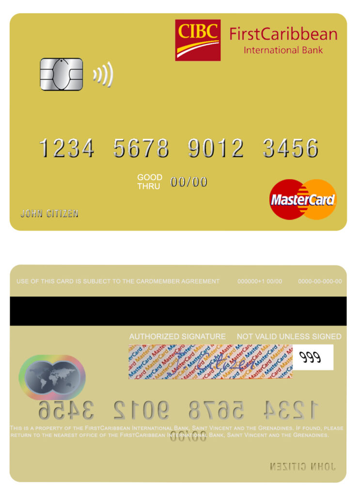 Editable Saint Vincent and the Grenadines FirstCaribbean International Bank mastercard credit card Templates
