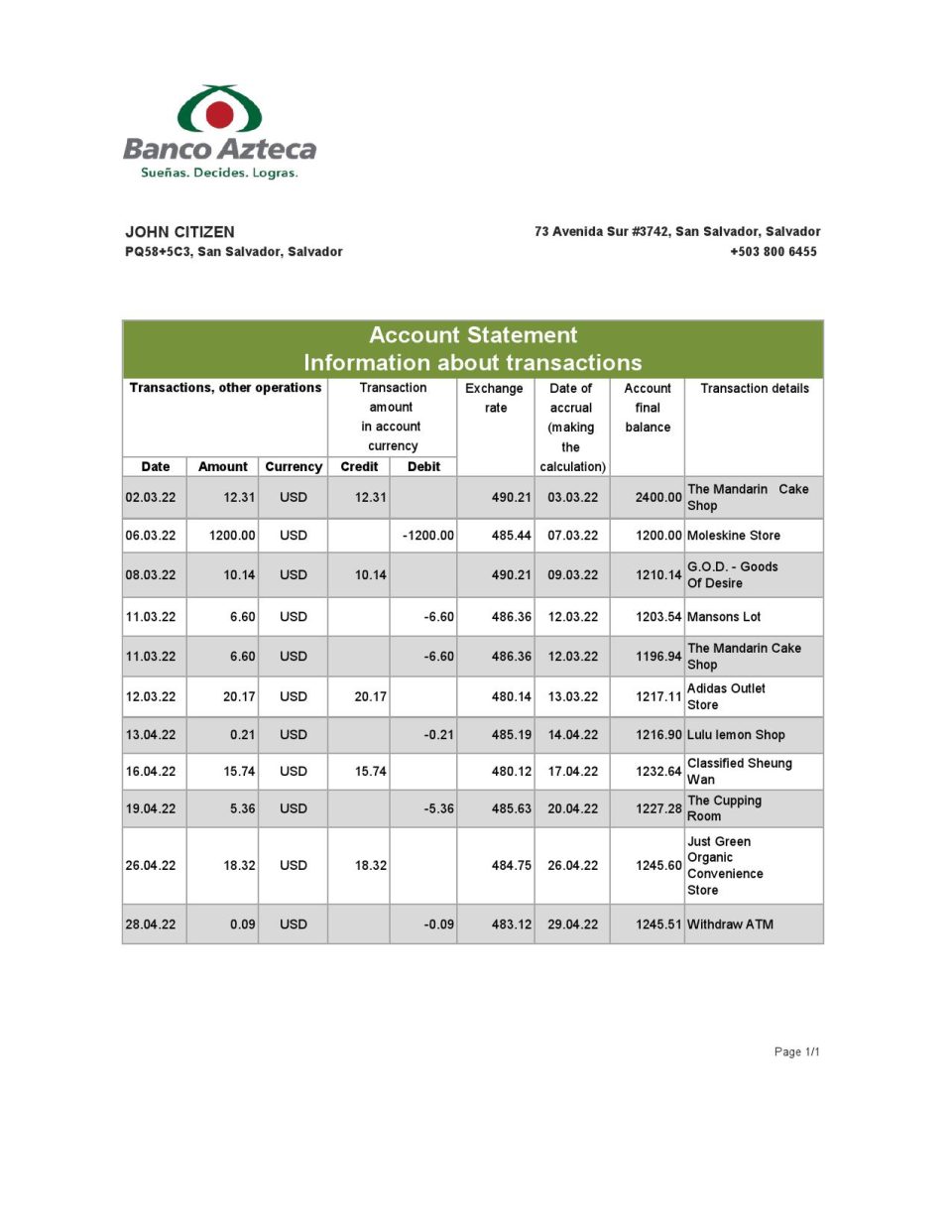 Salvador Banco Azteca bank statement, Excel and PDF template