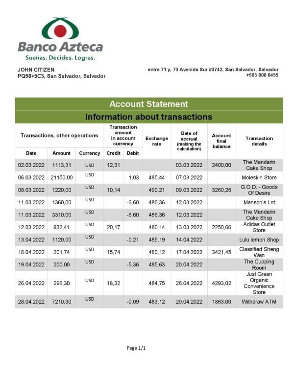 Salvador Banco Azteca bank statement template in Word and PDF format