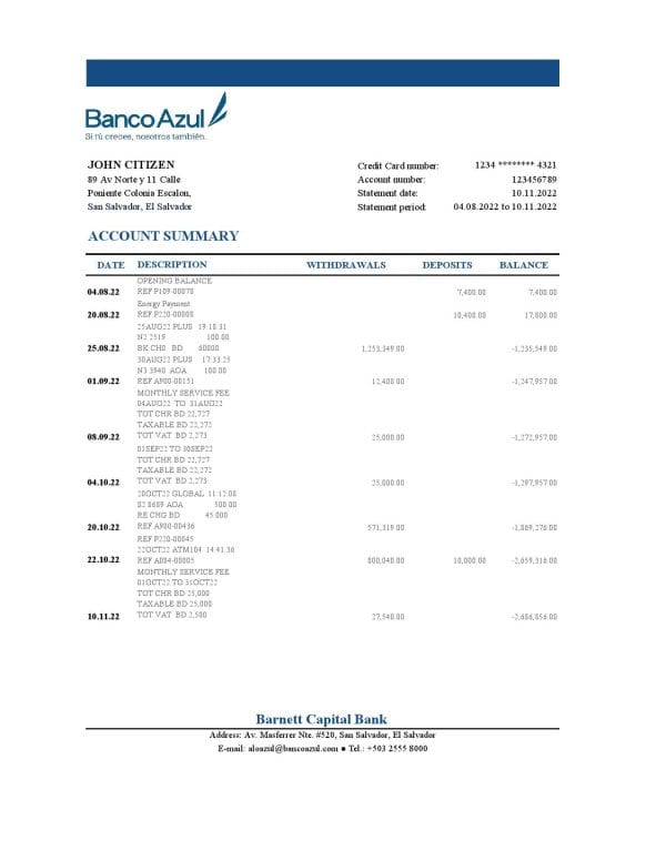 Salvador Banco Azul bank statement Excel and PDF template