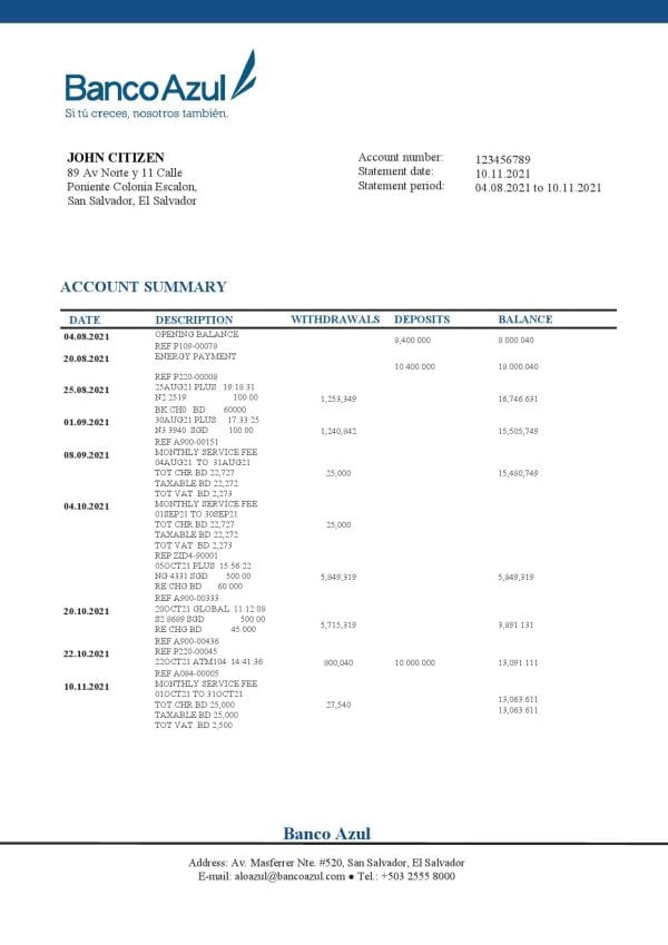 Salvador Banco Azul bank statement template in Word and PDF format