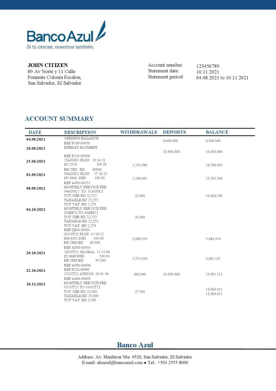 Salvador Banco Azul bank statement template in Word and PDF format