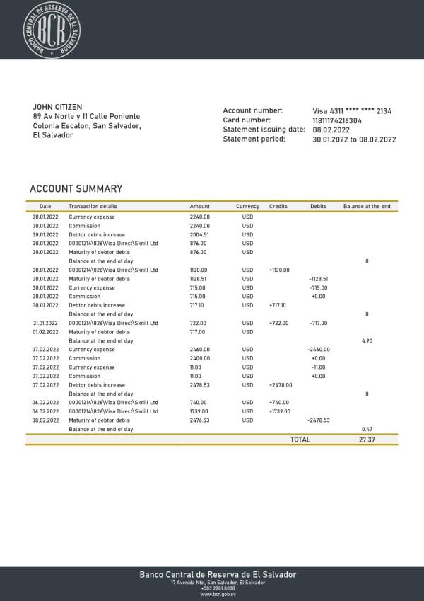 Salvador Banco Central de Reserva de El Salvador bank statement template in Word and PDF format