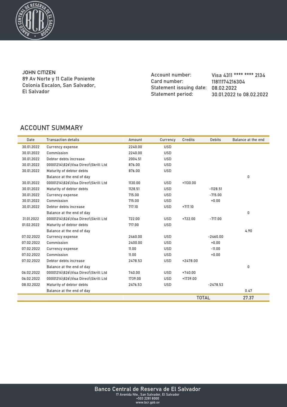 Salvador Banco Central de Reserva de El Salvador bank statement template in Word and PDF format