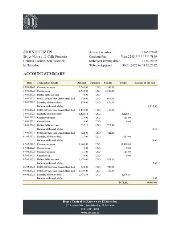 Salvador Banco Central de Reserva of El Salvador bank statement Excel and PDF template