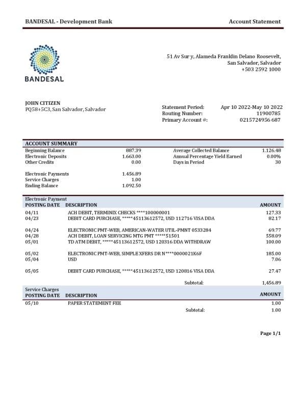 Salvador Bandesal bank statement template in Word and PDF format
