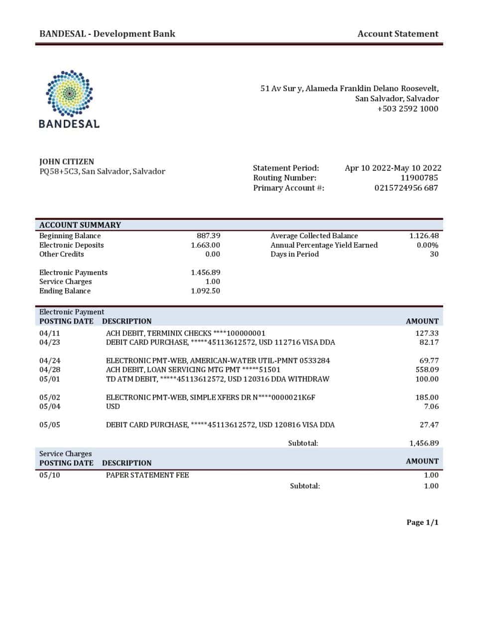 Salvador Bandesal bank statement template in Word and PDF format