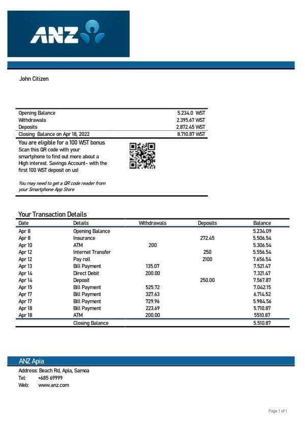 Samoa ANZ bank proof of address statement template in Word and PDF format