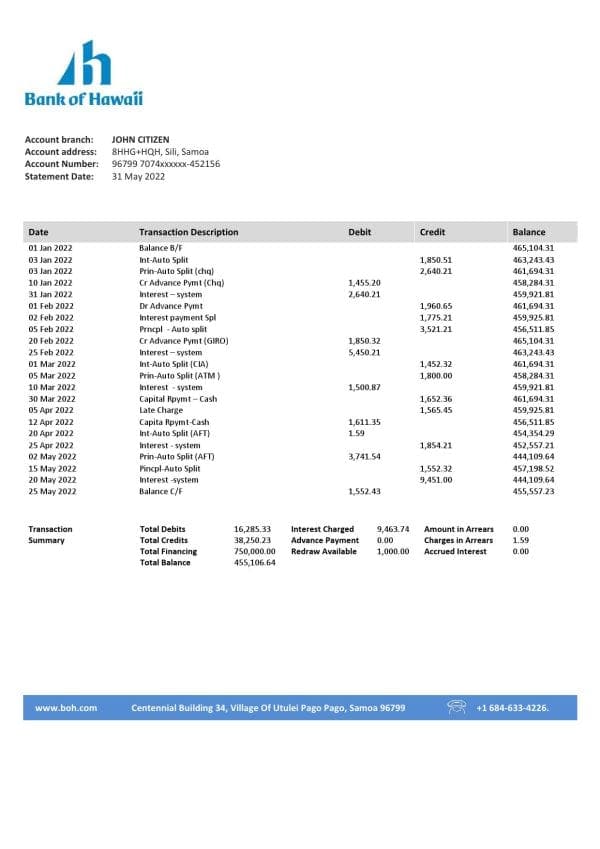 Samoa Bank of Hawaii bank proof of address statement template in Word and PDF format