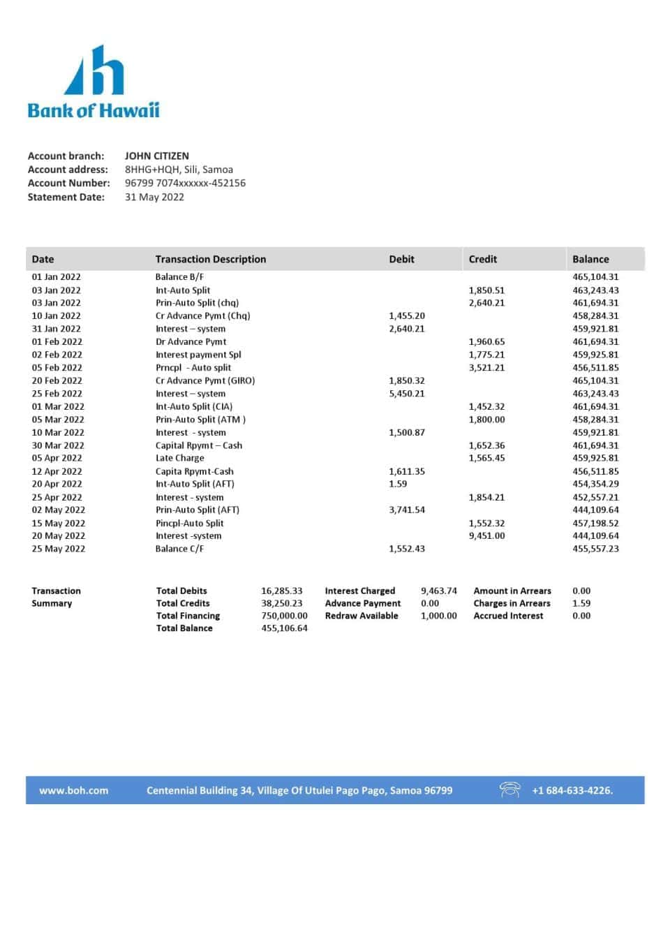 Samoa Bank of Hawaii bank proof of address statement template in Word and PDF format
