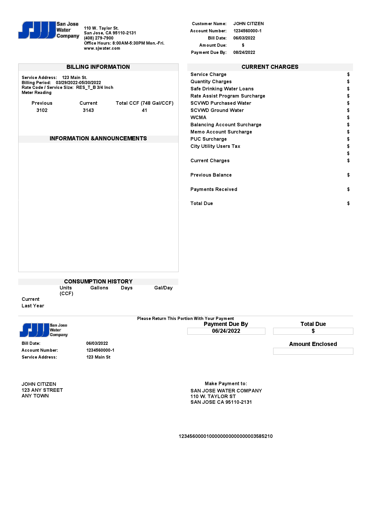 USA California San Jose Water utility bill template in Word and PDF format