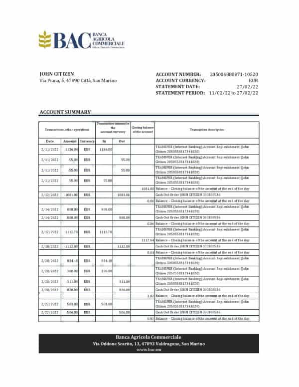 San Marino Banca Agricole Commerciale bank statement, Excel and PDF template
