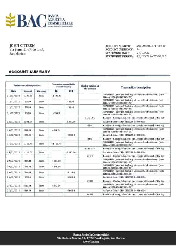 San Marino Banca Agricole Commerciale bank statement template in Word and PDF format