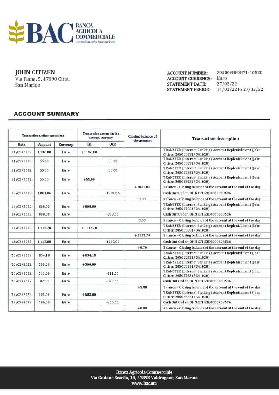 San Marino Banca Agricole Commerciale bank statement template in Word and PDF format