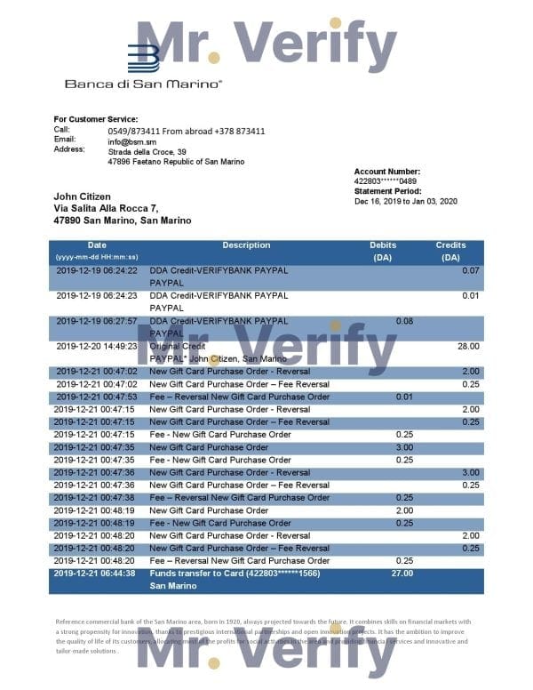 San Marino Banca di San Marino bank statement template, Word and PDF format (.doc and .pdf)