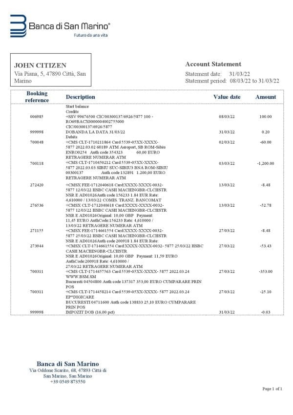 San Marino Banca di San Marino bank statement template in Word and PDF format
