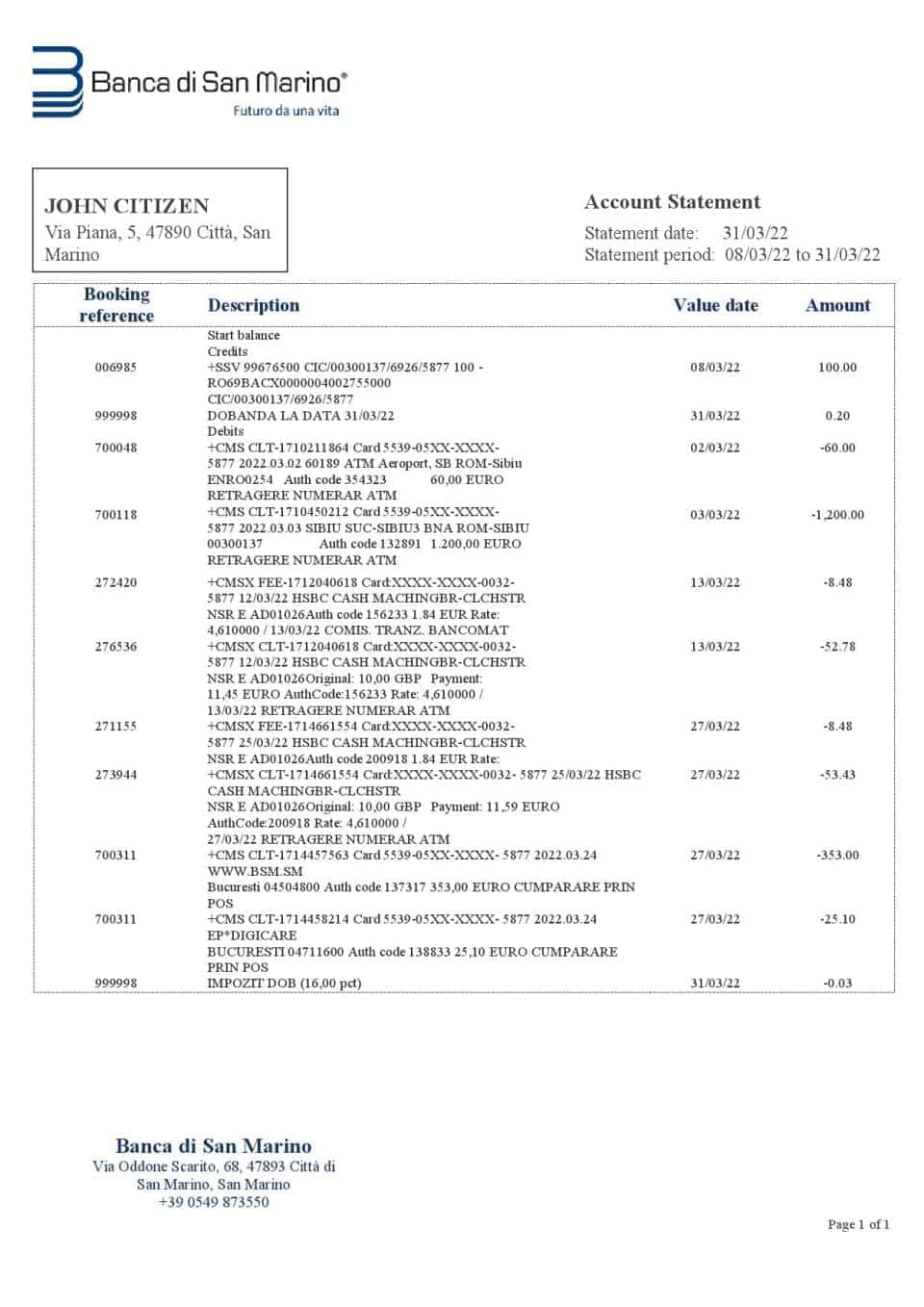 San Marino Banca di San Marino bank statement template in Word and PDF format