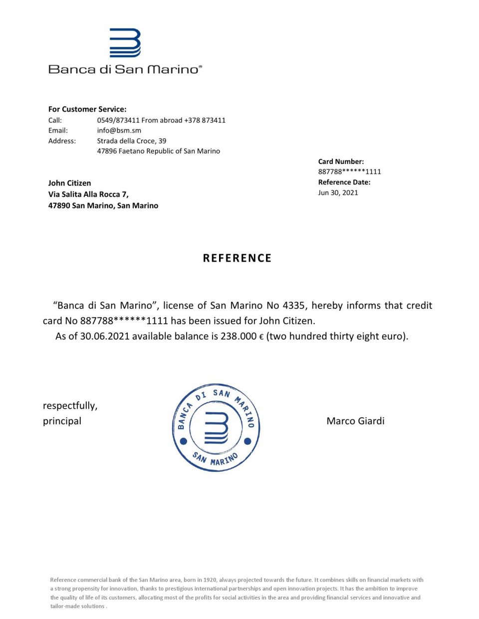 Download San Marino Banca di San Marino Bank Reference Letter Templates | Editable Word