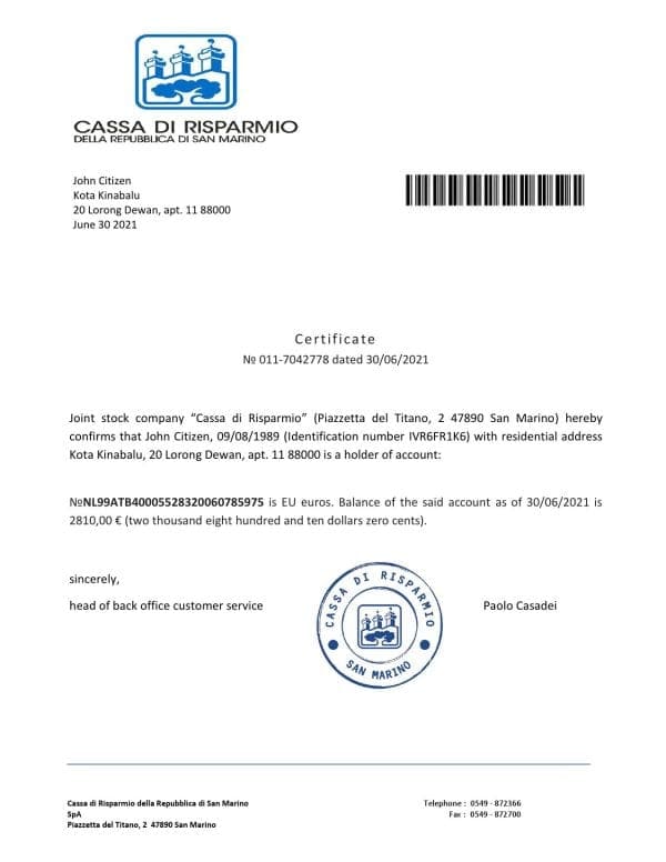 Download San Marino Cassa di Risparmio Bank Reference Letter Templates | Editable Word