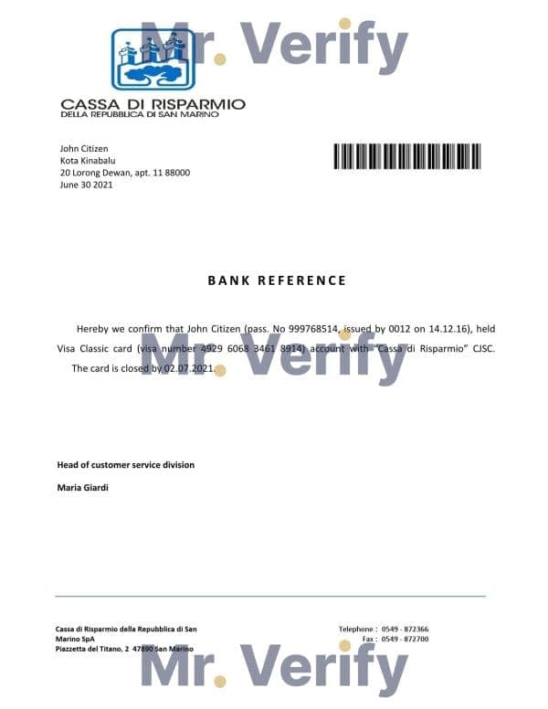 Download San Marino Cassa di Risparmio Bank Reference Letter Templates | Editable Word