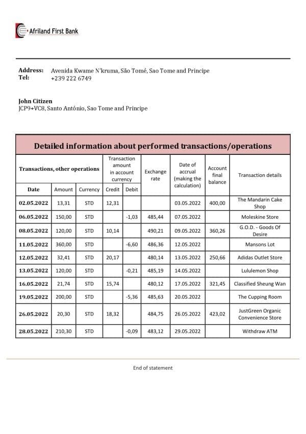 Sao Tome and Principe Afriland First Bank bank statement template in Word and PDF format