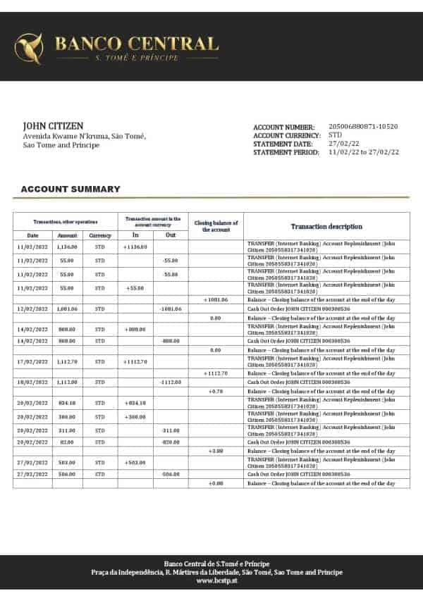 Sao Tome and Principe Banco Central de S.Tome e Principe bank statement template in Word and PDF format