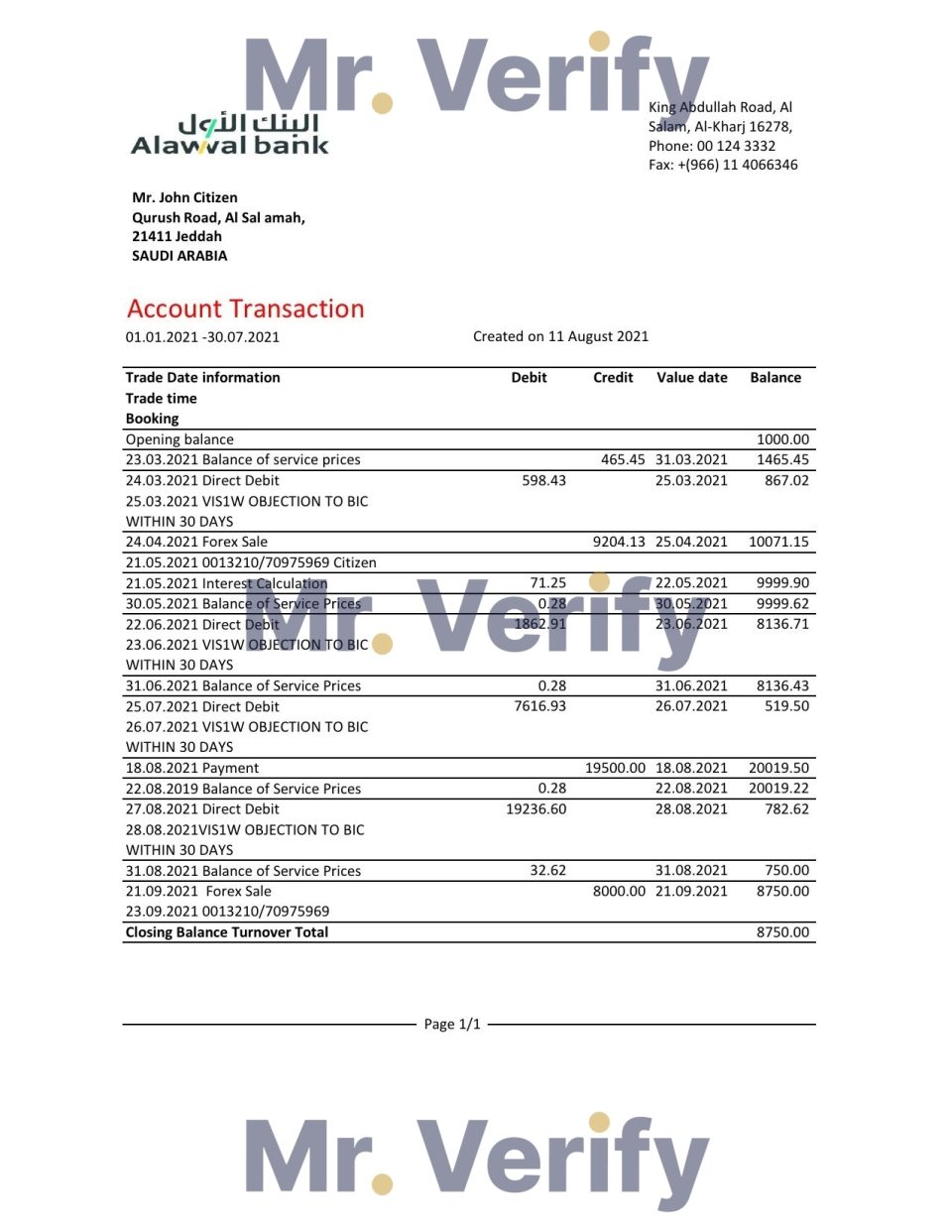 Saudi Arabia Alawwal Bank statement easy to fill template in .xls and .pdf file format