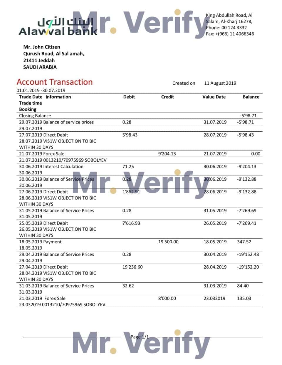 Saudi Arabia Alawwal Bank statement template in Word and PDF format, good for address prove