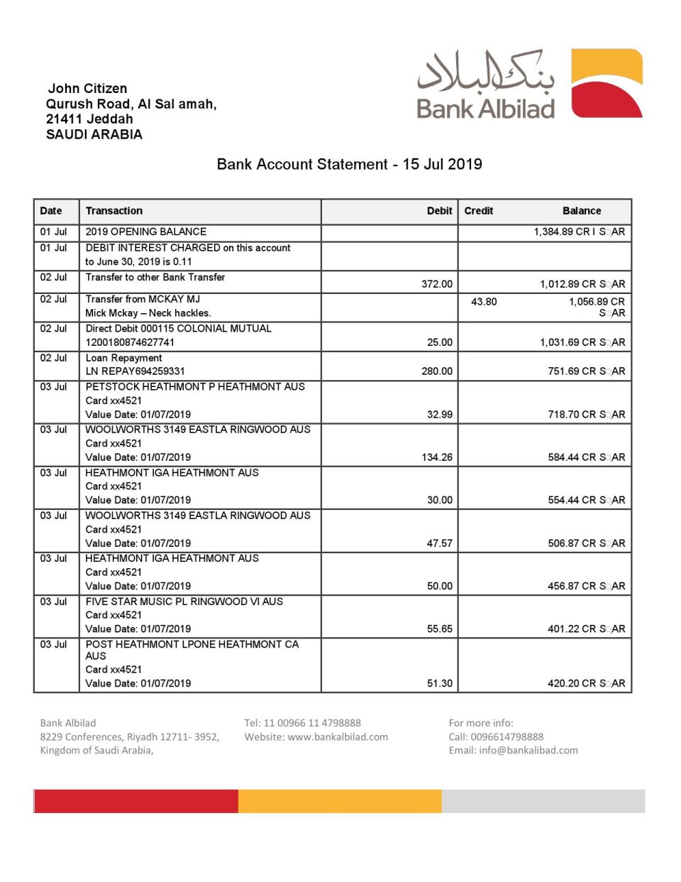 Saudi Arabia Bank Albilad bank statement template in Word and PDF format